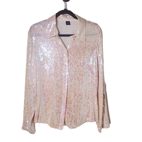 100% SILK SQUARE SEQUIN IRIDESCENT BLOUSE Button Down with Shirt Collar Medium - Picture 2 of 13